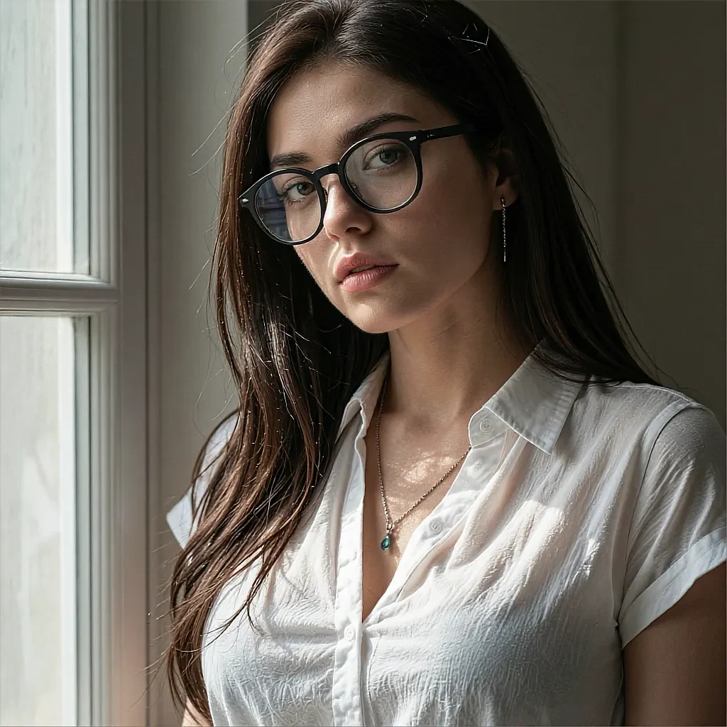 Brunette with glasses and pendant necklace in a white button-up by a window in natural light