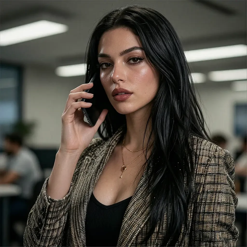 Black-haired woman on a phone call in a plaid blazer over a black top in an office setting