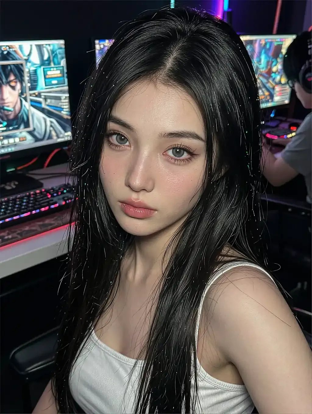 Long dark-haired woman in a white tank top seated at a gaming desk with monitors showing colorful screens